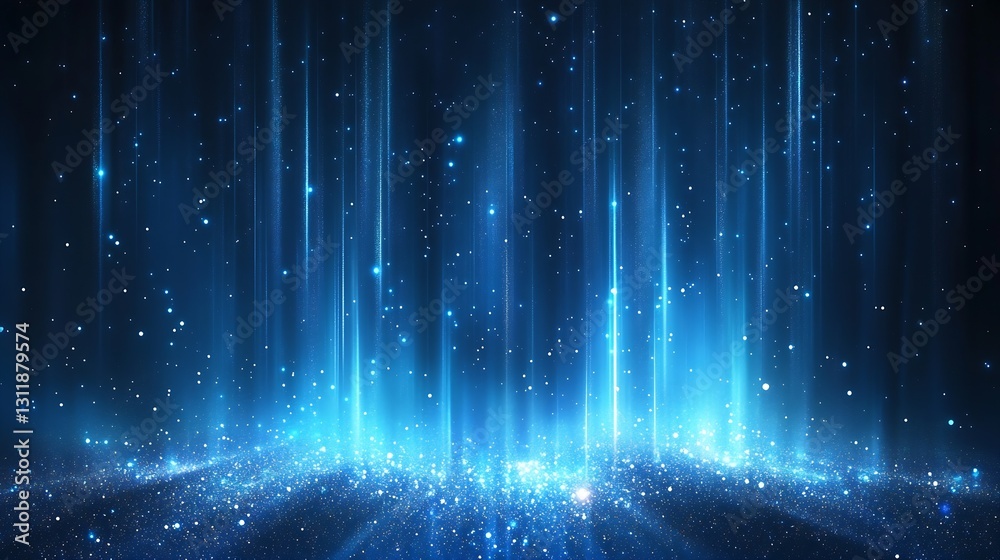 Aufkleber Captivating Blue Particles and Vertical Rays of Light Creating a Dreamlike Cosmic Background : Generative AI