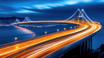 Naklejka premium Illuminated bridge with vibrant light trails at night over water, capturing dynamic urban movement and architectural beauty
