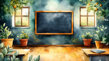 Watercolor composition of an inspiring classroom, a chalkboard decorated with motivational quotes for teachers