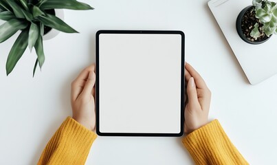 Female hands holding a blank tablet on a white table surrounded by green plants and workspace items : Generative AI