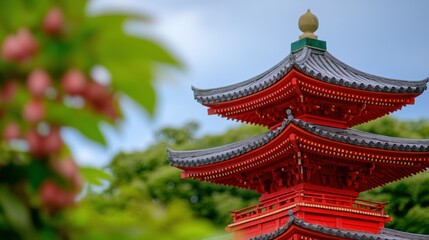 Fototapeta premium Vibrant red pagoda surrounded by lush greenery under a cloudy sky.