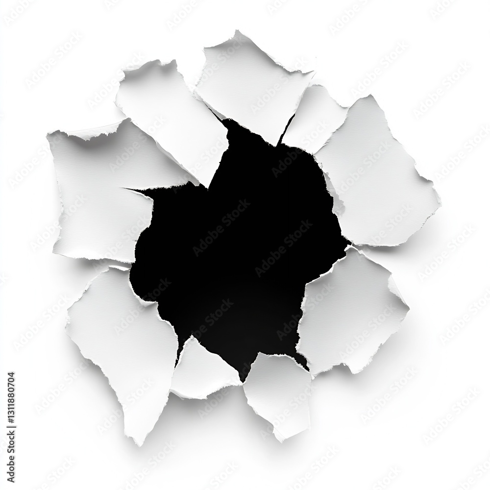Fototapete Broken white paper with a dark void in the center creating a dramatic focus point : Generative AI