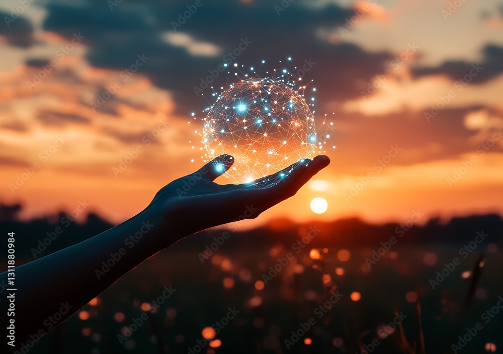 Poster hand reaching out to a glowing network sphere against a golden sunset : generative ai