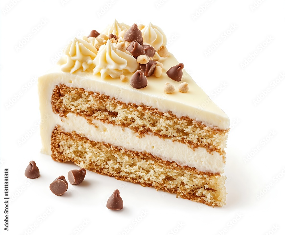 Aufkleber Deliciously Frosted Layer Cake with Chocolate Chips and Whipped Cream Topping on a White Background : Generative AI