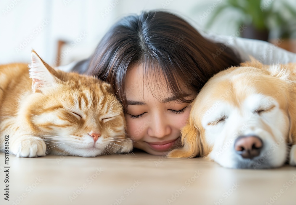 Poster woman relaxing with sleeping cat and dog at home creating warm and cozy atmosphere : generative ai