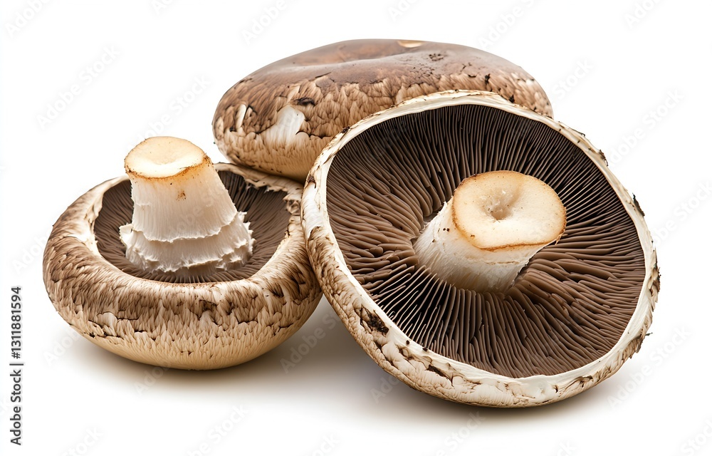 Poster fresh portobello mushrooms arranged artistically showcasing their unique gills and caps : generative