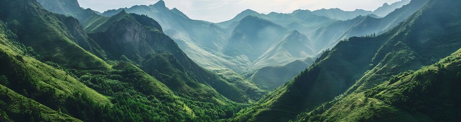 Breathtaking panoramic view of green mountains with mist and natural beauty : Generative AI
