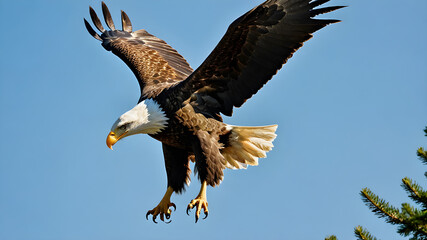 Obraz premium Majestic Bald Flying Eagle with the American Flag. A Symbol of Freedom and Patriotism. Generative AI.