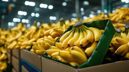 Fresh organic bananas in yellow crates at food facility for natural produce supply and distribution