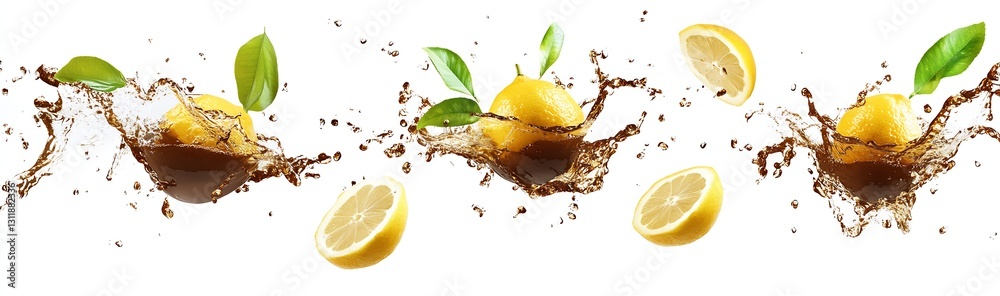 Poster fresh juicy lemons creating splashes in clear water with green leaves for refreshing beverages : gen