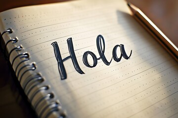 Hand Written Hola on Notebook Page with Pencil Resting Near Binding