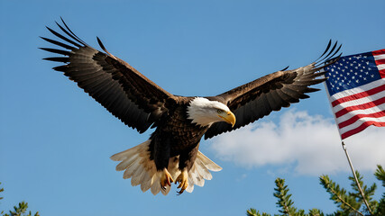 Naklejka premium Majestic Bald Flying Eagle with the American Flag. A Symbol of Freedom and Patriotism. Generative AI.
