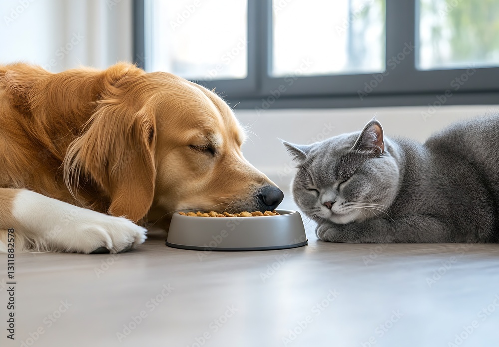 Poster golden retriever and fluffy gray cat comfortably sharing a meal and enjoying each others company at 