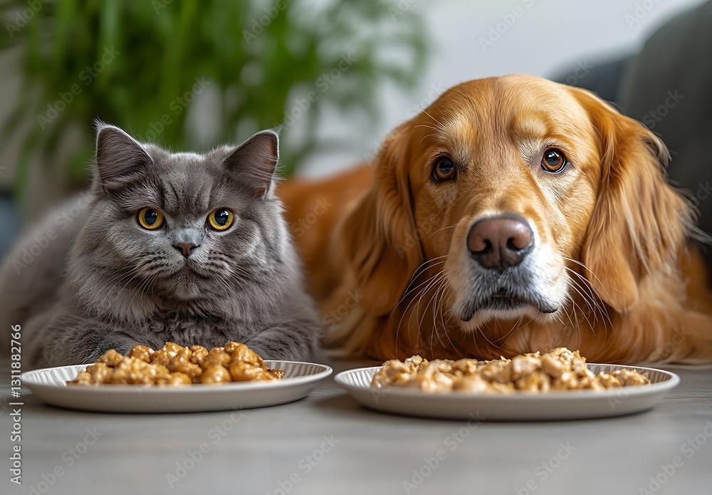 Poster playful cat and golden retriever enjoying their meals together : generative ai