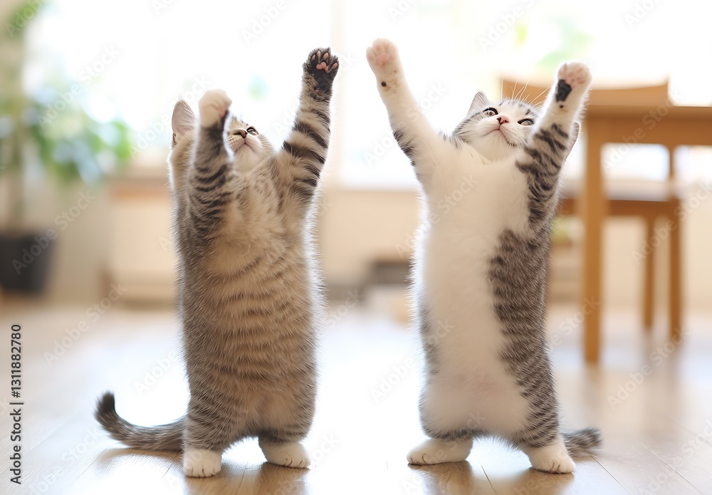 Poster two playful kittens standing on their hind legs with paws raised in a bright and cheerful indoor set