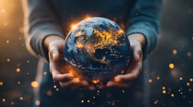 Hands holding a luminous globe symbolizing connectivity and enlightenment in gloomy atmosphere : Generative AI