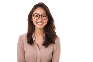 Smiling young Asian woman wearing a blouse and glasses, isolated background