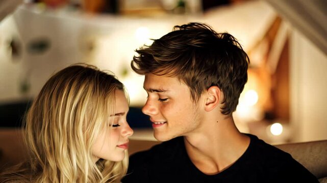 romantic teenager love couple lean to kissing at home