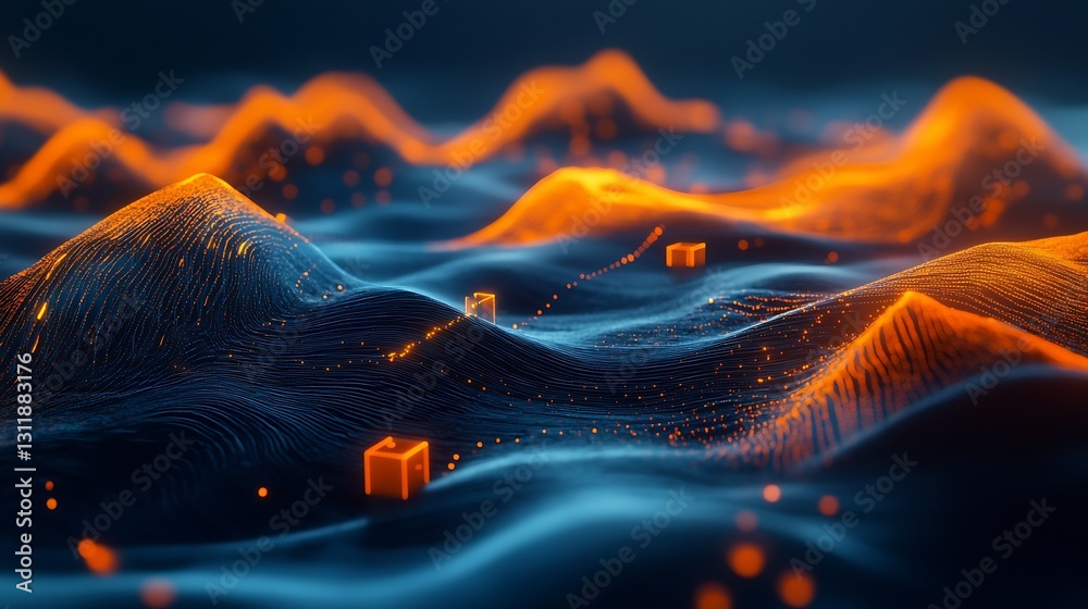 Poster Digital mountain landscape with glowing elements representing artificial intelligence and connectivity : Generative AI