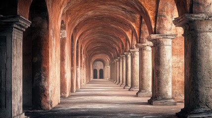 Obraz premium Ancient Stone Corridor Archway, Columns, Warm Lighting, Mysterious Atmosphere