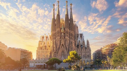 Barcelona Basilica Sunrise Detailed Stone Facade and Cityscape