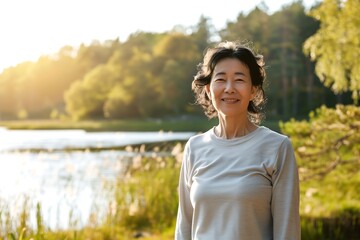 Happy mature Asian woman smiling outdoors in nature sunlight