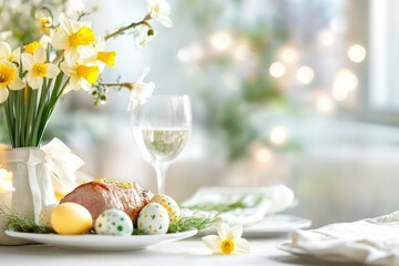 Elegant easter dinner table setting with decorated eggs and spring flowers