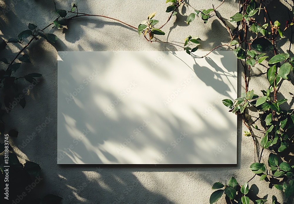 Poster blank canvas surrounded by shadows and green vines on a minimalist wall : generative ai