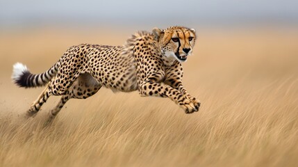 Cheetah Running Across Golden Savanna Grassland