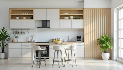 Fototapeta premium A modern kitchen with light cabinets and wooden accents, featuring a central island with bar stools, complemented by a light wooden floor and a minimalist design