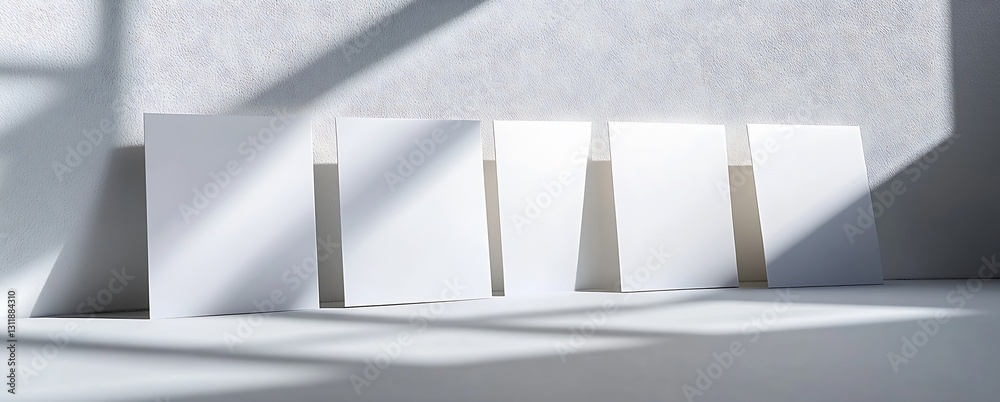 Poster four blank square white papers with shadows on a light surface : generative ai