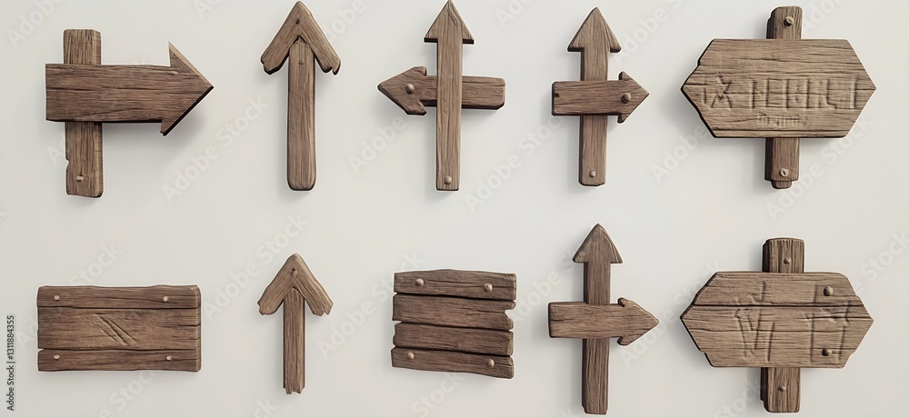 Poster set of wooden directional signs and arrows for rustic theme and directional guidance : generative ai