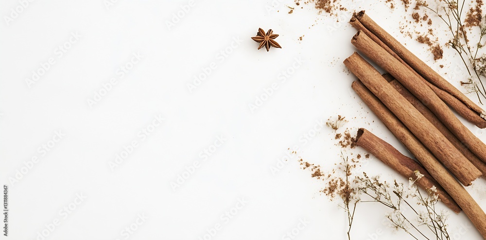 Aufkleber cinnamon sticks and star anise on white background with ground cinnamon : generative ai