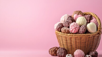 Elegant chocolate selection overflowing from a woven basket against pink backdrop
