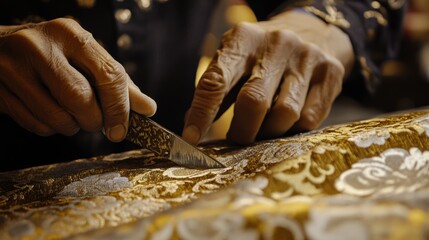 Close Up Hands Working on Ornate Gold Fabric with a Knife