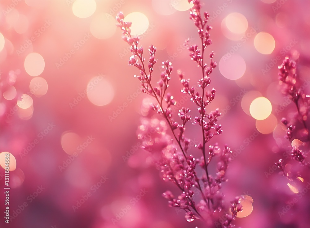 Poster delicate pink flowers with water droplets in soft bokeh light : generative ai
