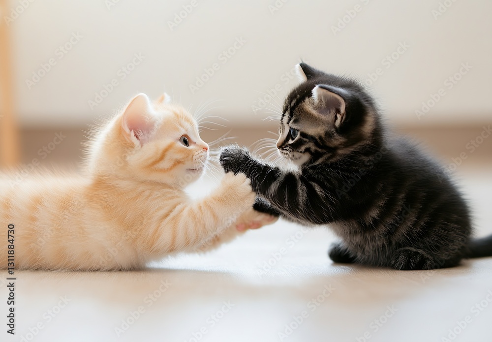 Poster two adorable kittens playfully battling with each other in a warm cozy environment : generative ai