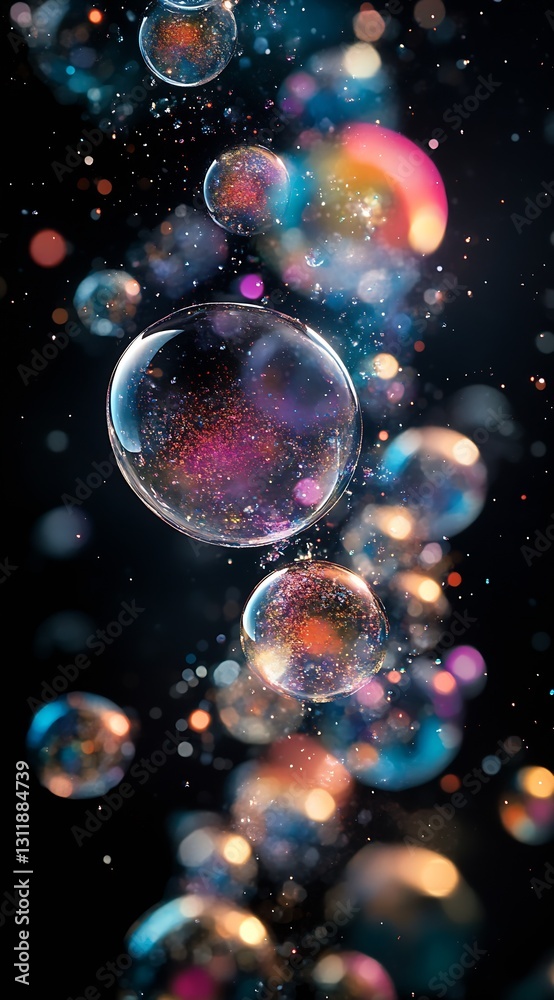 Poster Colorful Bubbles with Sparkles on a Dark Background Creating a Magical Scene : Generative AI