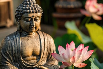 A golden Buddha statue surrounded by lotus flowers against a dark background