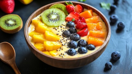 Colorful Fruit Bowl with Mango, Kiwi, and Berries