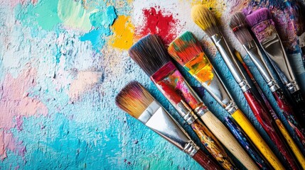 Fototapeta premium Colorful Paintbrushes and Vivid Paint Splatters on Textured Background