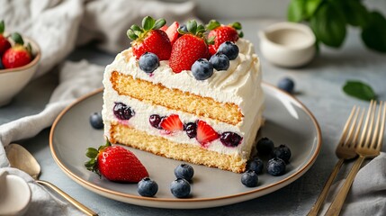 Delicious layered cake with berries and cream