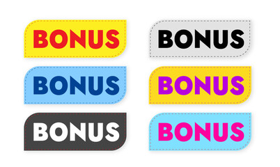 set of banner stickers vector design with text bonus six colorful banners