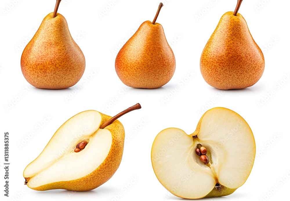 Poster fresh ripe pears displayed whole and sliced showing juicy inside : generative ai
