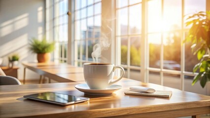 Fototapeta premium Morning sunlight streams through large windows illuminating a warm wooden table, a steaming cup of coffee, a digital tablet, and a small notebook; peaceful workspace scene