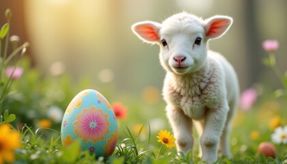 Fototapeta premium Fluffy lamb stands on grassy field with two colorful Easter eggs nearby. Yellow and pink flowers scattered around. Easter-themed promotions, greeting cards, or springtime advertisements.
