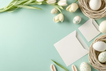 Easter stationery set with eggs and tulips for holiday designs and greetings