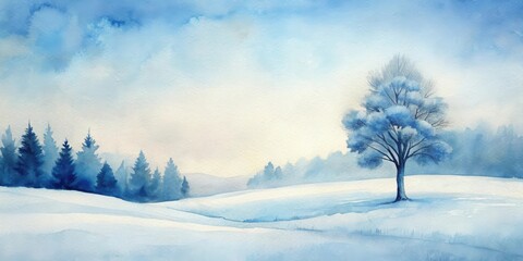 Serene Winter Landscape A Single Tree Stands in a Snowy Field, Silhouetted Against a Misty Horizon, Under a Pale Blue Sky