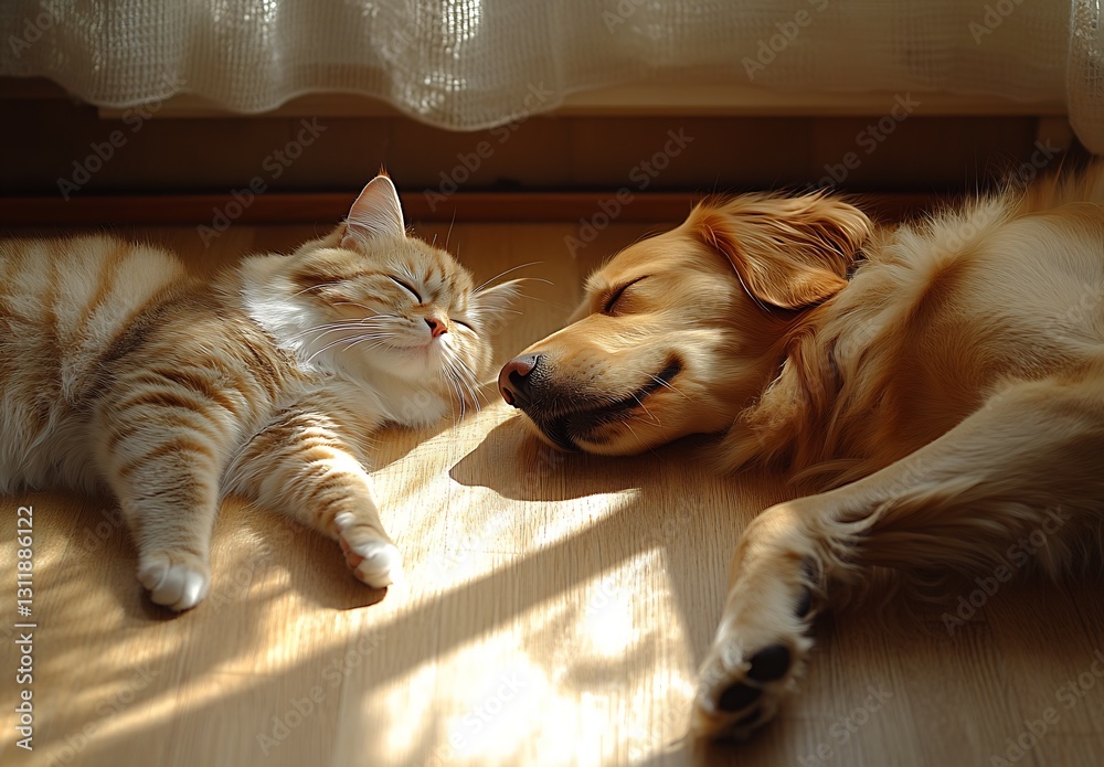 Poster golden retriever and tabby cat sleeping together in soft sunlight : generative ai