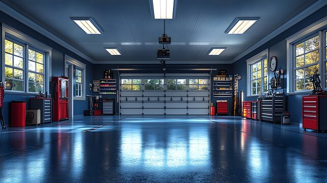 Well-lit garage with innovative wall-mounted storage solutions, workbench area, and clean organization, 3D render